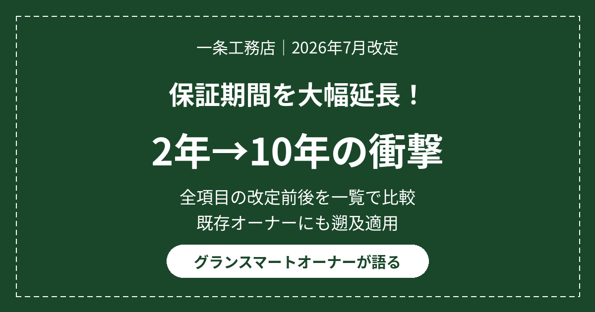 一条工務店の保証期間大幅延長を解説するブログ記事のアイキャッチ画像。2026年7月改定で2年から10年へ。